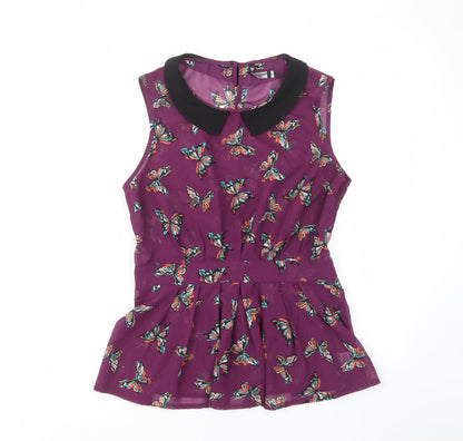 Influence Womens Purple Geometric Polyester Basic Tank Size 12 Collared - Butterfly, Pleated