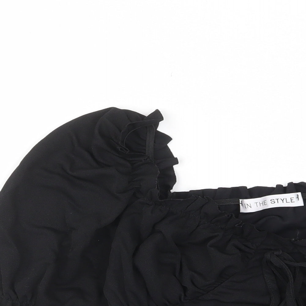 In the Style Womens Black Polyester Cropped T-Shirt Size 10 Square Neck - Ruched, Pleated