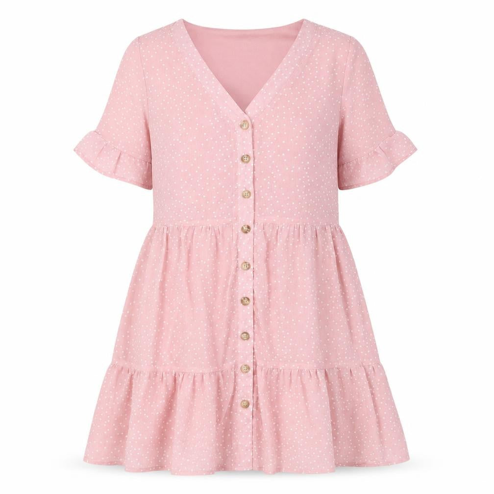 In the Style Womens Pink Polka Dot Polyester A-Line Size 10 V-Neck Button - Pleated, Lined