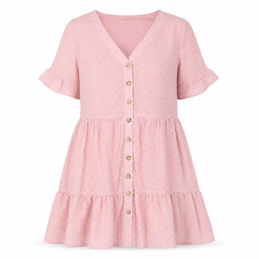 In the Style Womens Pink Polka Dot Polyester A-Line Size 10 V-Neck Button - Pleated, Lined