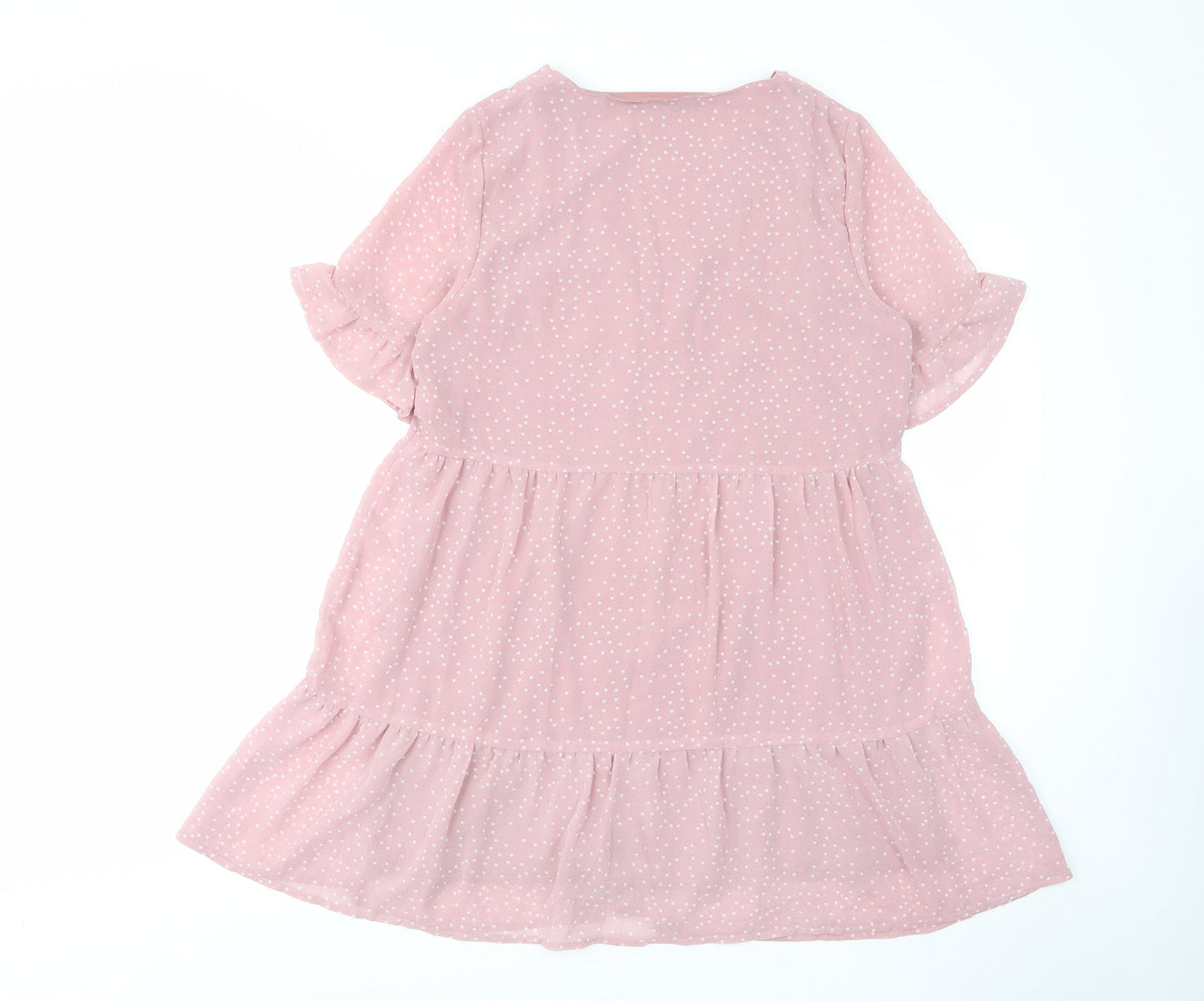 In the Style Womens Pink Polka Dot Polyester A-Line Size 10 V-Neck Button - Pleated, Lined