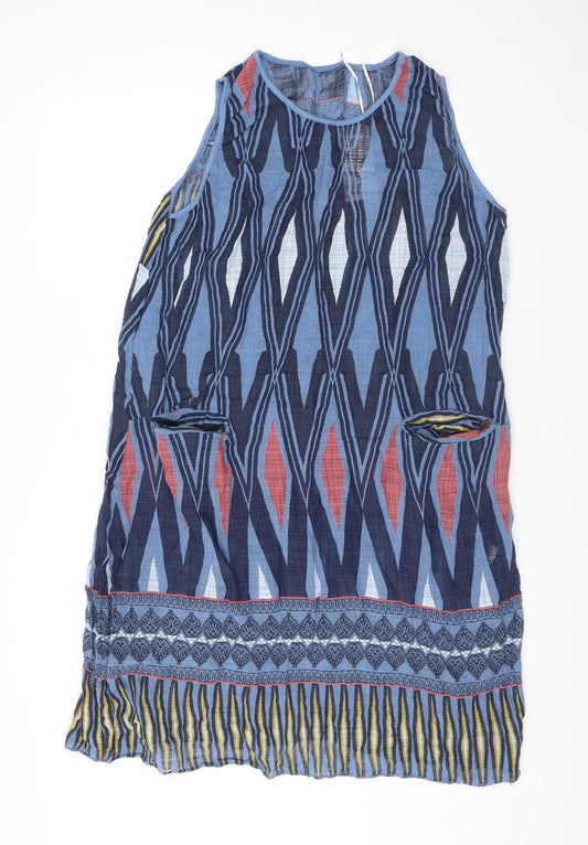 Elegant Womens Blue Geometric Viscose Tank Dress Size 12 Round Neck Pullover - Pockets