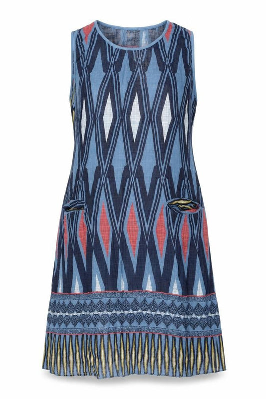 Elegant Womens Blue Geometric Viscose Tank Dress Size 12 Round Neck Pullover - Pockets