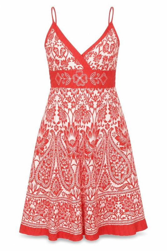 Pistachio Womens Red Geometric Cotton Tank Dress Size S V-Neck Pullover - Embroidered