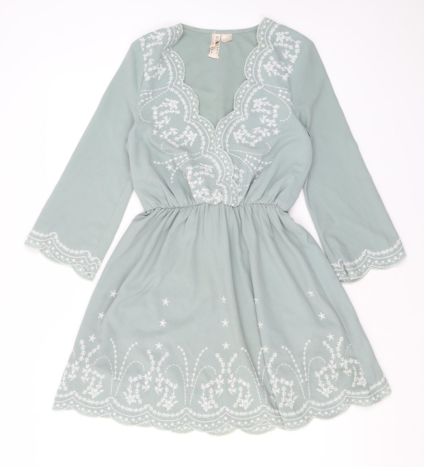 Divided by H&M Womens Green Geometric Polyester A-Line Size 4 V-Neck Pullover - Embroidered