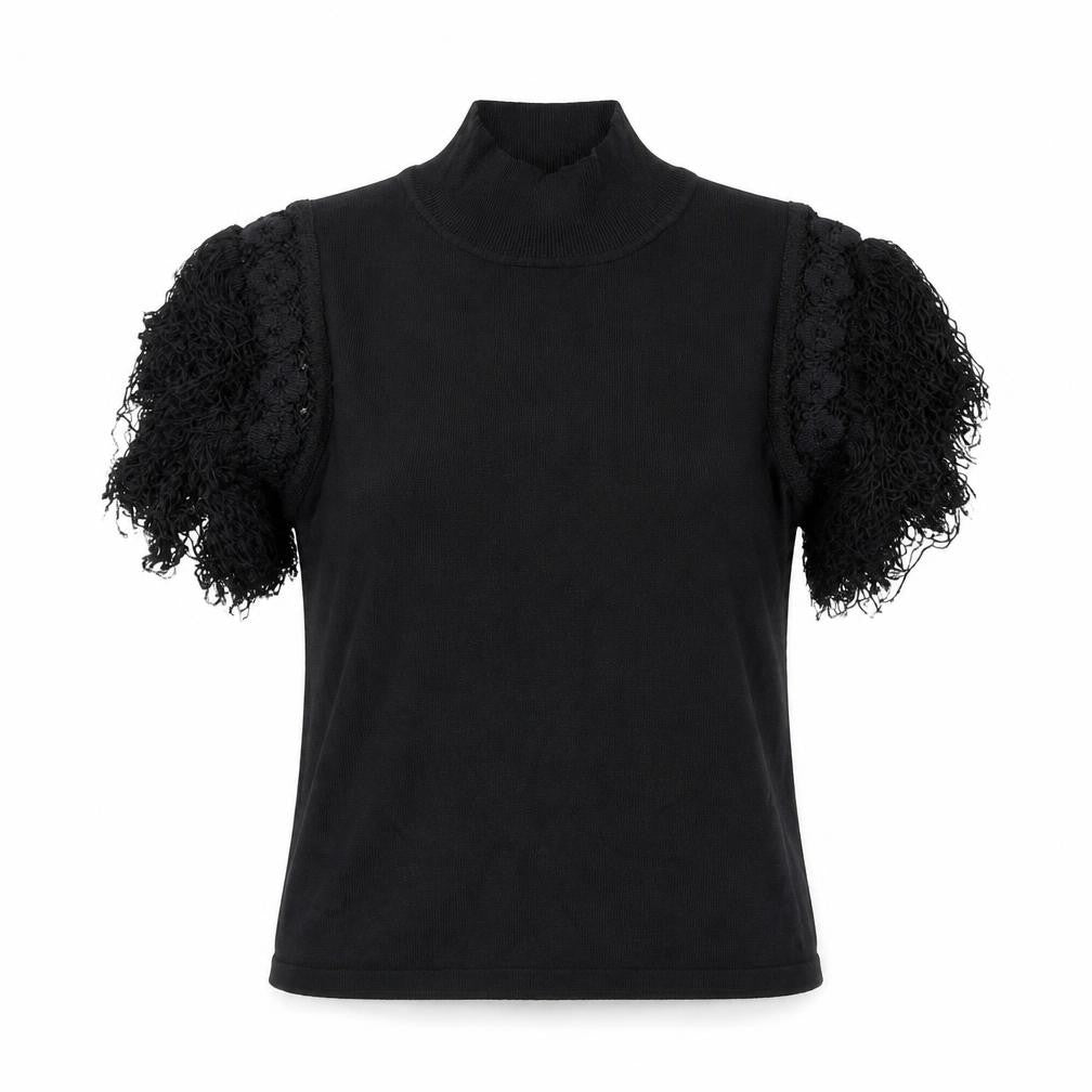 Kiss Womens Black Polyester Basic T-Shirt Size M Mock Neck - Tassles
