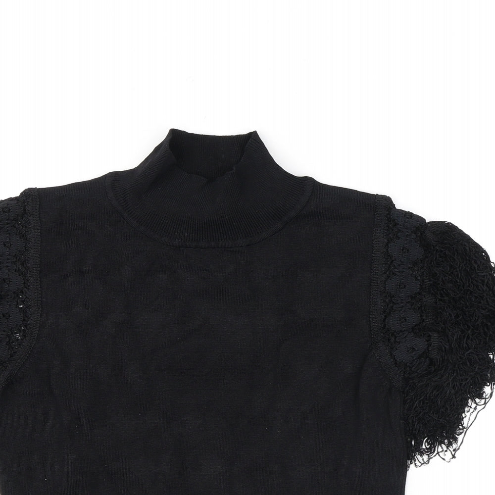 Kiss Womens Black Polyester Basic T-Shirt Size M Mock Neck - Tassles