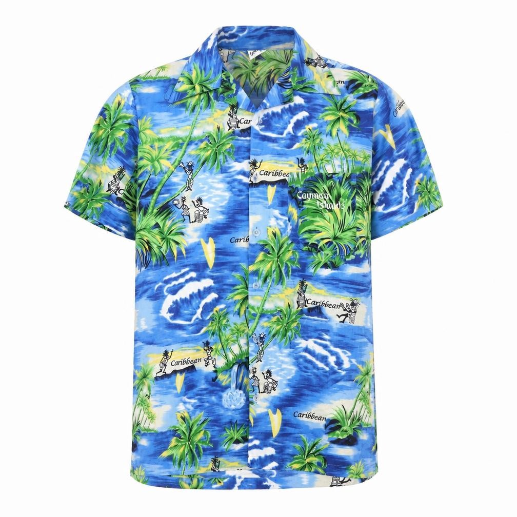 Lotus Mens Blue Geometric Polyester Button-Up Size M Collared Button - Hawaiian shirt, Caribbean, Cayman Islands