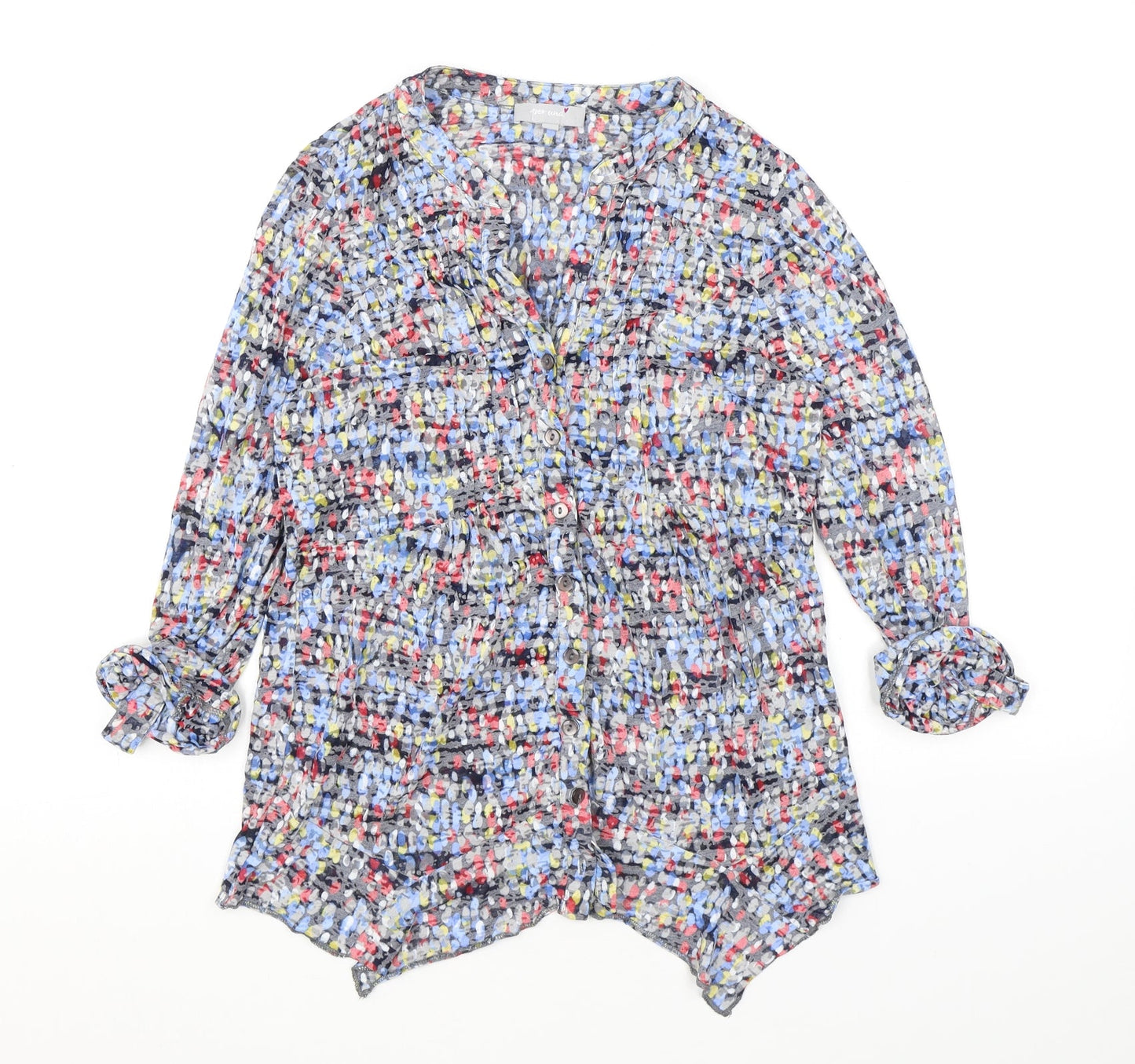 Marks and Spencer Womens Blue Geometric Cotton Basic Button-Up Size 12 V-Neck