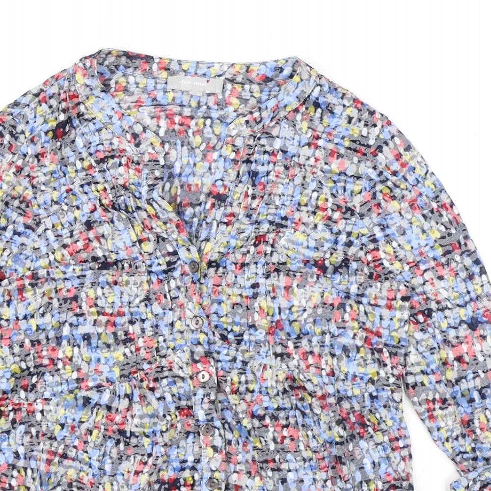 Marks and Spencer Womens Blue Geometric Cotton Basic Button-Up Size 12 V-Neck