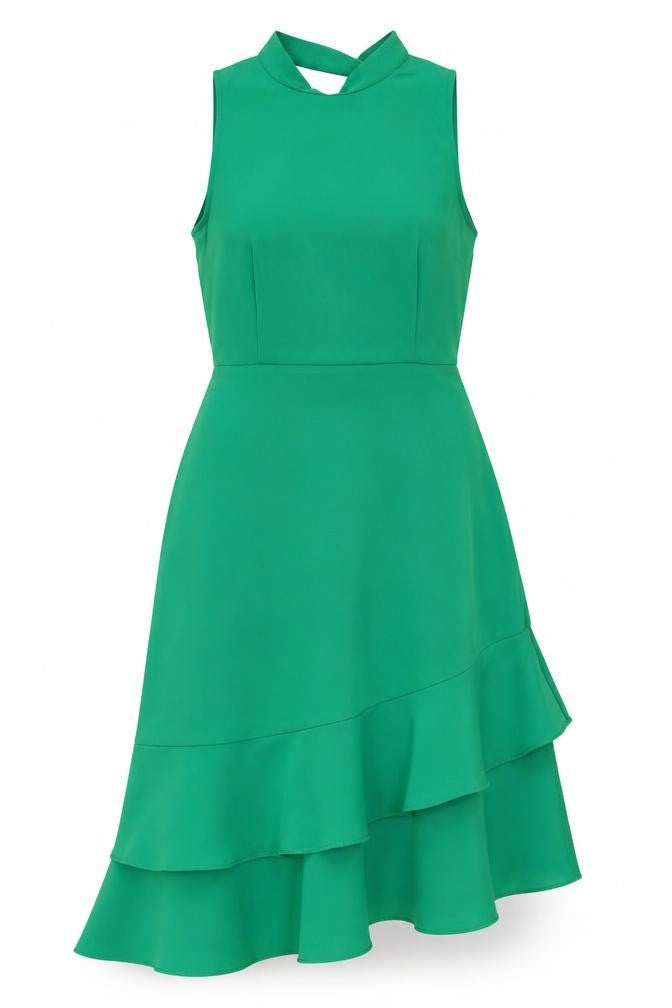 Warehouse Womens Green Polyester A-Line Size 8 Mock Neck Zip - Ruffles, Open Back
