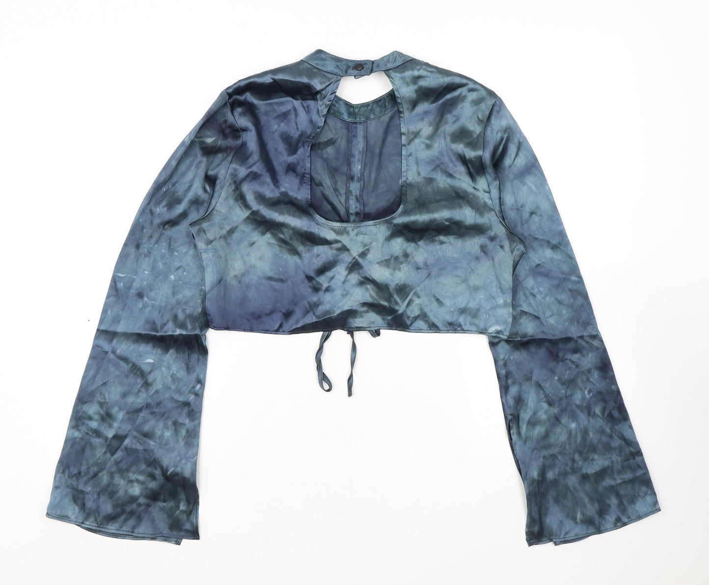 Topshop Womens Blue Polyester Cropped Blouse Size 12 Mock Neck - Ruched Detail