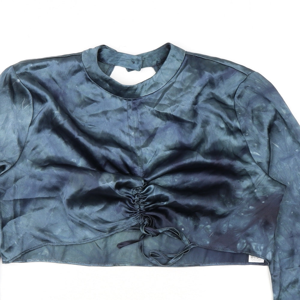 Topshop Womens Blue Polyester Cropped Blouse Size 12 Mock Neck - Ruched Detail