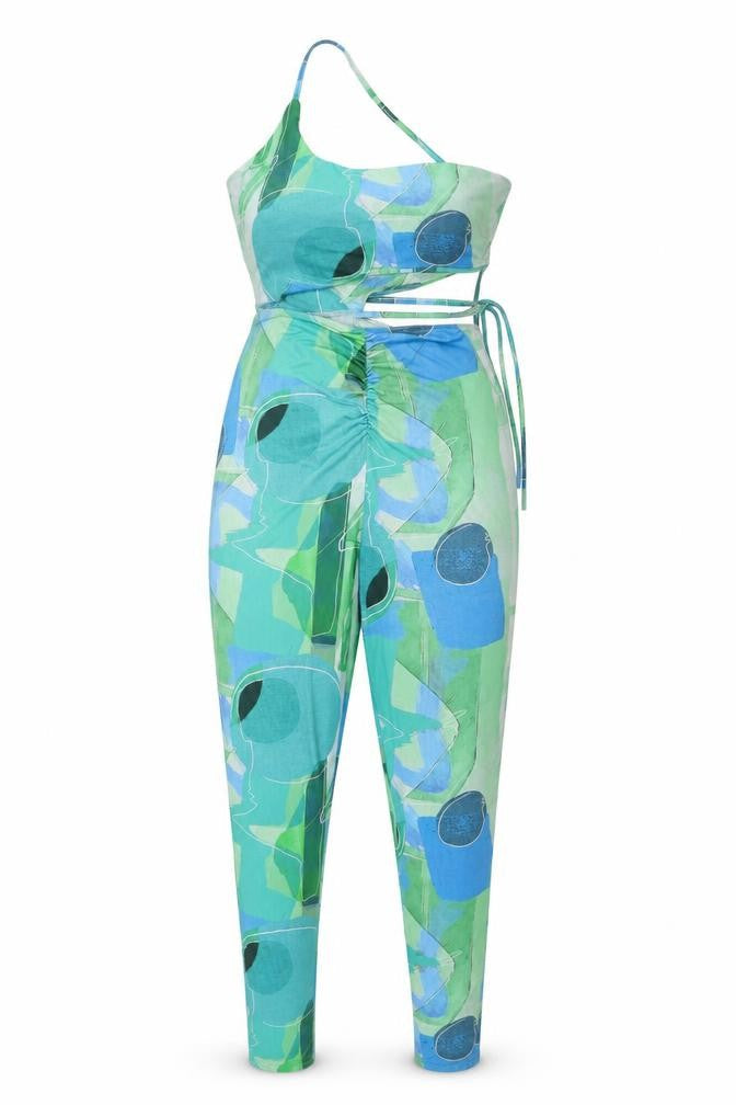 PRETTYLITTLETHING Womens Green Geometric Polyester Jumpsuit One-Piece Size 10 L26 in Pullover - Cut Out Detail