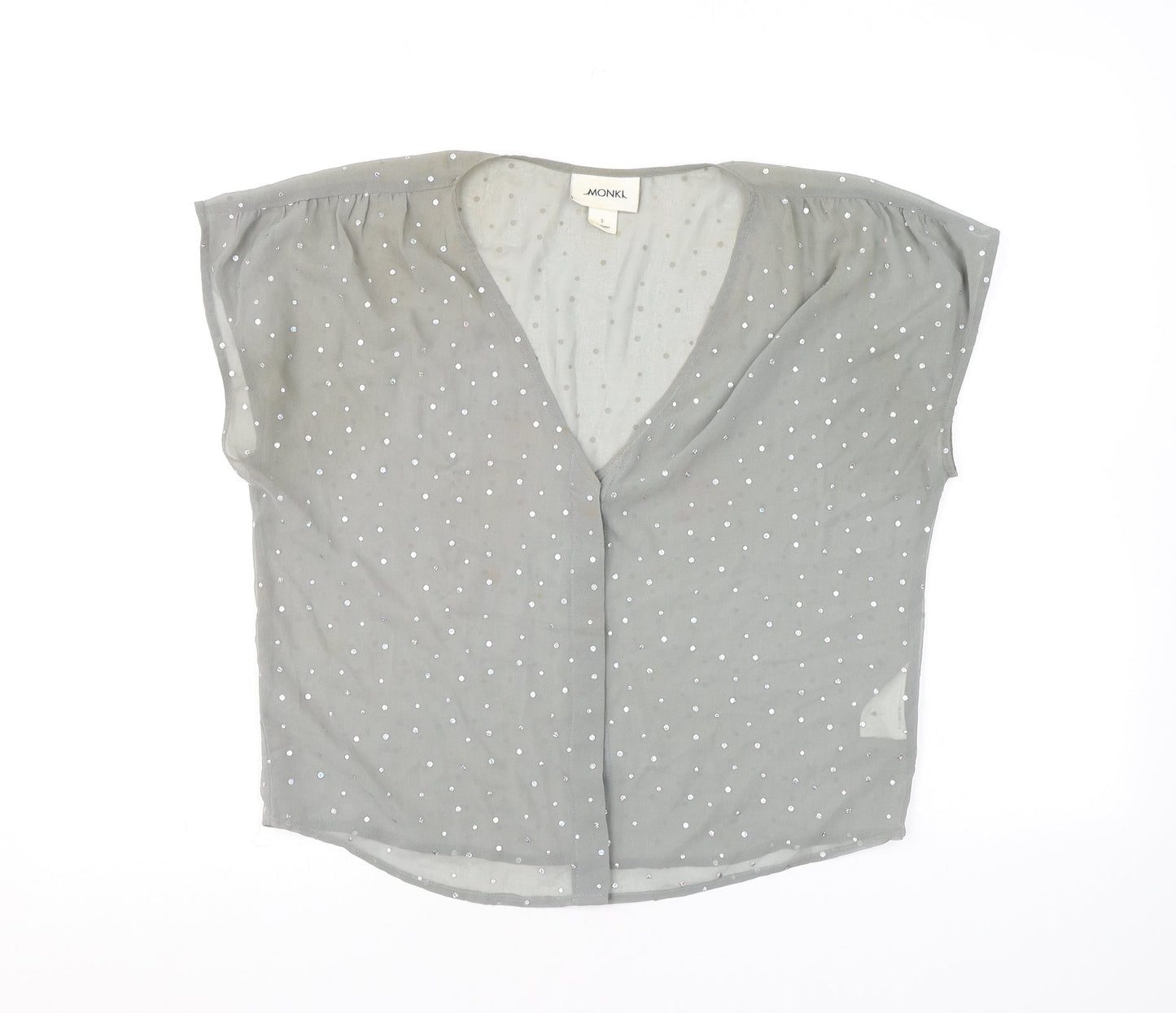 Monki Womens Grey Polka Dot Polyester Basic Button-Up Size S V-Neck - Diamanté Sheer