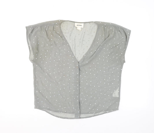 Monki Womens Grey Polka Dot Polyester Basic Button-Up Size S V-Neck - Diamanté Sheer