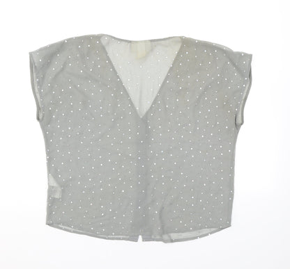 Monki Womens Grey Polka Dot Polyester Basic Button-Up Size S V-Neck - Diamanté Sheer
