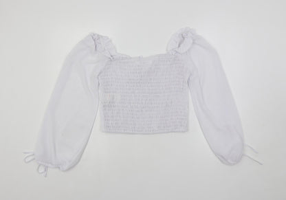 Back view of Missguided women’s white polyester cropped blouse, size UK 12, square neck - shirred