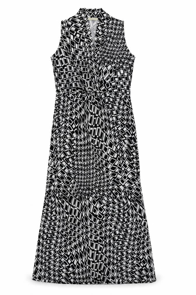 QED London Womens Black Geometric Polyester Maxi Size S V-Neck Pullover
