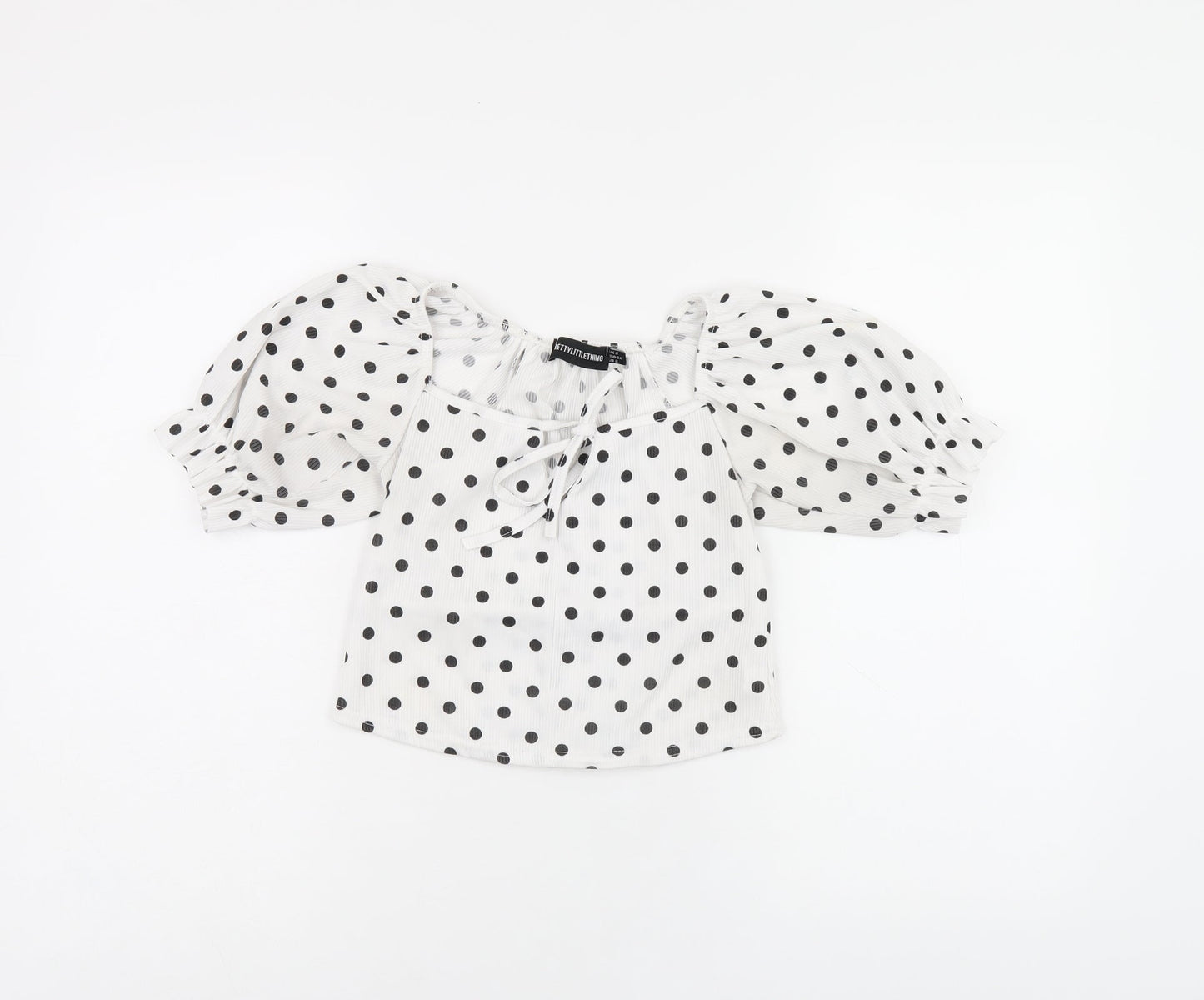PRETTYLITTLETHING Womens White Polka Dot Polyester Cropped T-Shirt Size 6 Square Neck