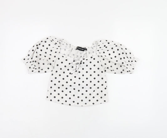 PRETTYLITTLETHING Womens White Polka Dot Polyester Cropped T-Shirt Size 6 Square Neck