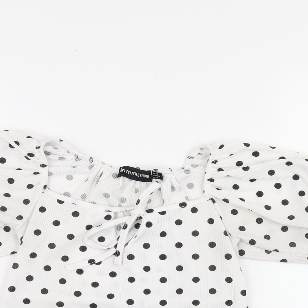 PRETTYLITTLETHING Womens White Polka Dot Polyester Cropped T-Shirt Size 6 Square Neck