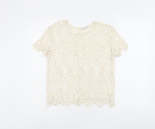 Zara Womens Beige Floral Polyester Jersey T-Shirt Size M Round Neck