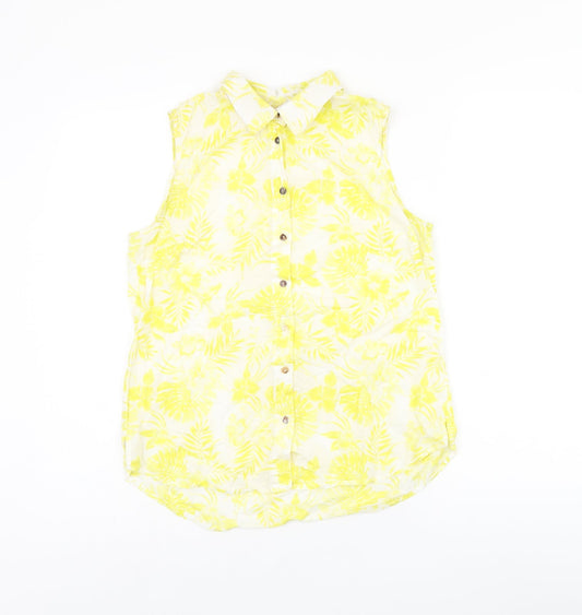 H&M Womens White Floral Polyester Jersey Button-Up Size 6 Collared
