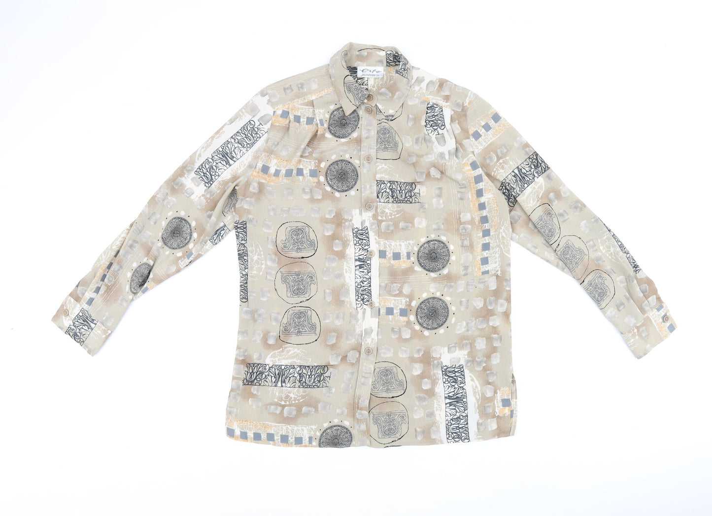 Eifie Womens Brown Geometric Polyester Basic Button-Up Size 8 Collared
