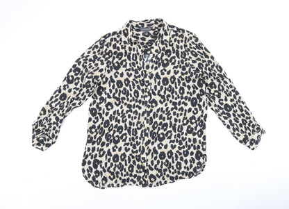 Sonsandar Womens Beige Animal Print Viscose Basic Button-Up Size 12 Collared - Leopard print