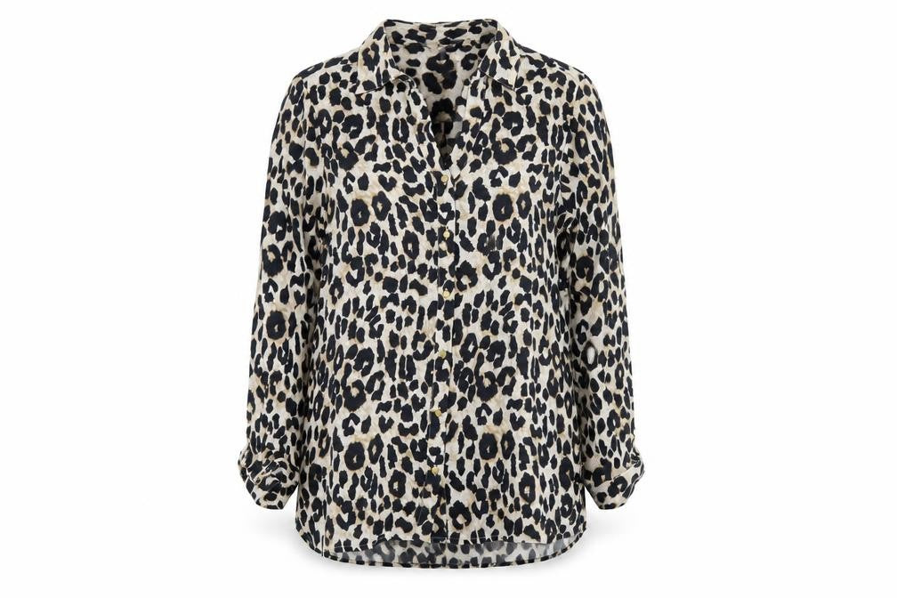 Sosandar Womens Beige Animal Print Viscose Basic Button-Up Size 12 Collared - Leopard print