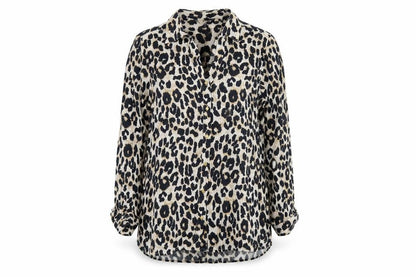 Sonsandar Womens Beige Animal Print Viscose Basic Button-Up Size 12 Collared - Leopard print