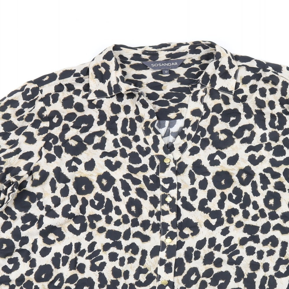 Sosandar Womens Beige Animal Print Viscose Basic Button-Up Size 12 Collared - Leopard print