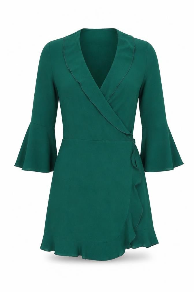 Outrageous Womens Green Polyester Wrap Dress Size 10 V-Neck Tie