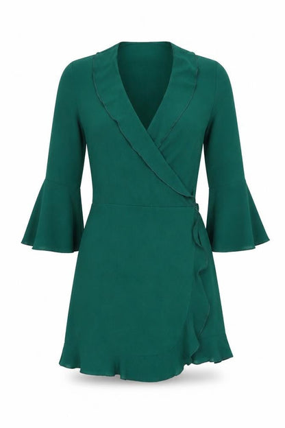 Outrageous Womens Green Polyester Wrap Dress Size 10 V-Neck Tie