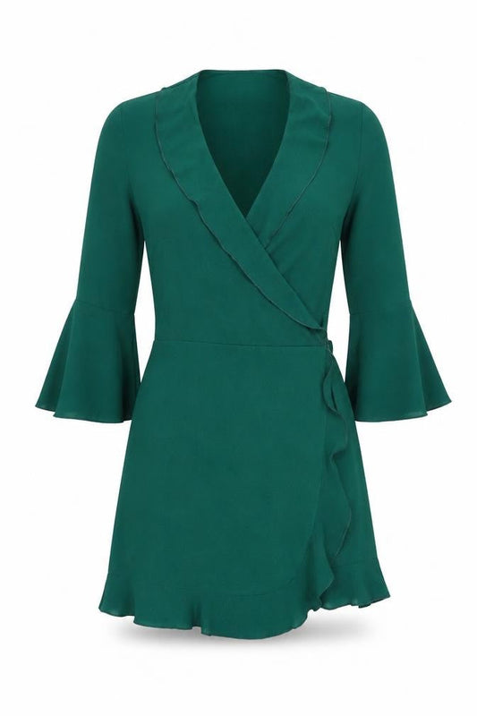 Outrageous Womens Green Polyester Wrap Dress Size 10 V-Neck Tie