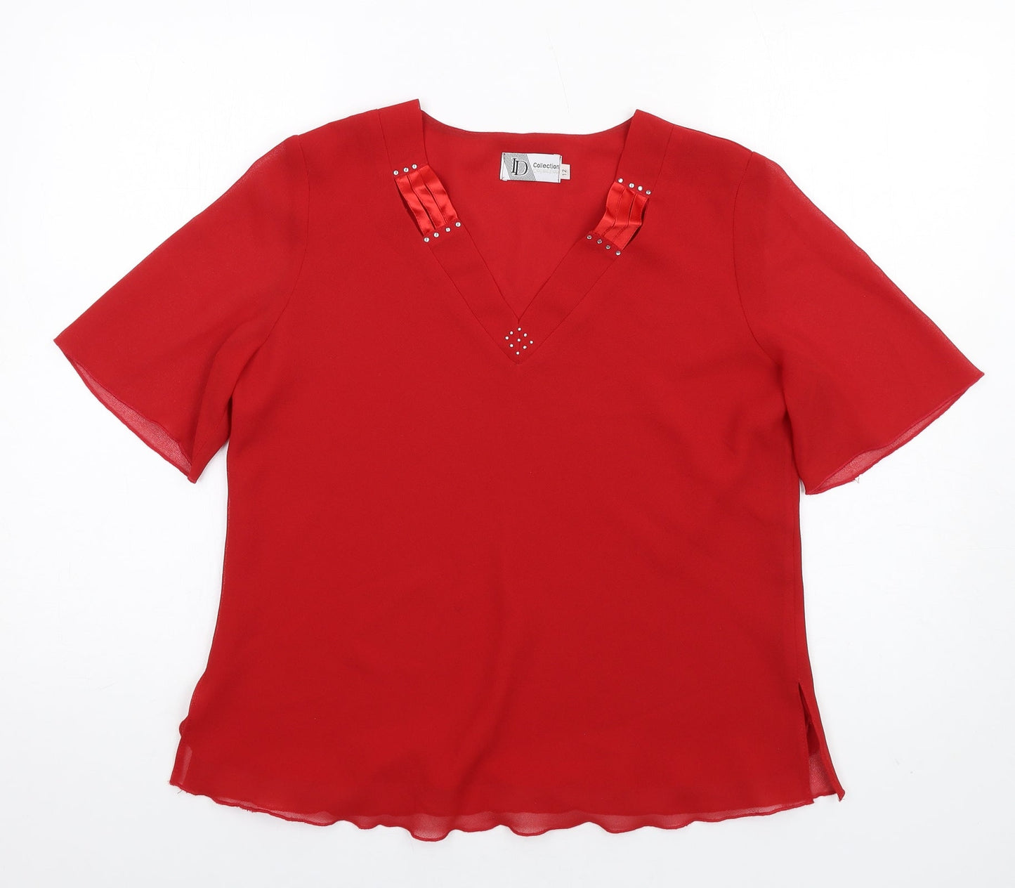 ID Collection Womens Red Polyester Basic Blouse Size 12 V-Neck