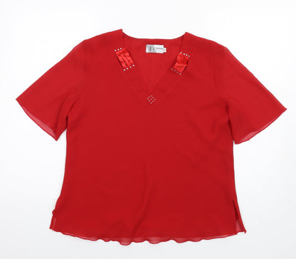 ID Collection Womens Red Polyester Basic Blouse Size 12 V-Neck