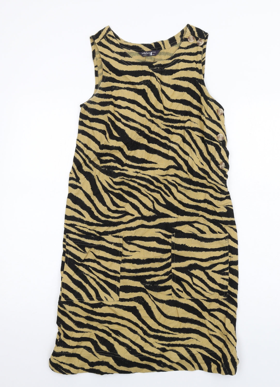 Marks and Spencer Womens Beige Animal Print Linen A-Line Size 6 Round Neck Button - Zebra Print