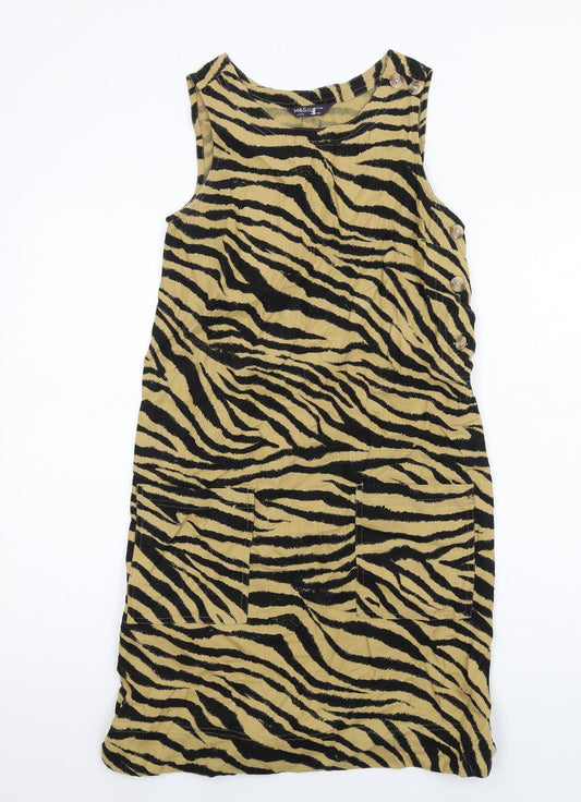 Marks and Spencer Womens Beige Animal Print Linen A-Line Size 6 Round Neck Button - Zebra Print