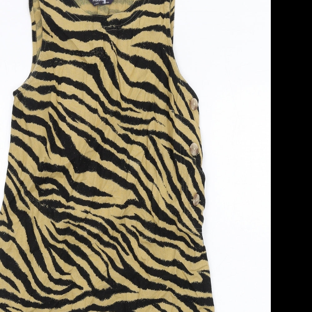 Marks and Spencer Womens Beige Animal Print Linen A-Line Size 6 Round Neck Button - Zebra Print