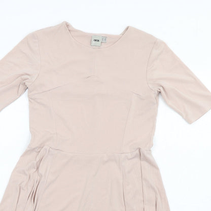 Close-up detail of ASOS women’s pink polyester fit & flare, size UK 10, v-neck pullover