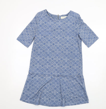 Next Womens Blue Geometric Polyester A-Line Size 8 Round Neck Zip