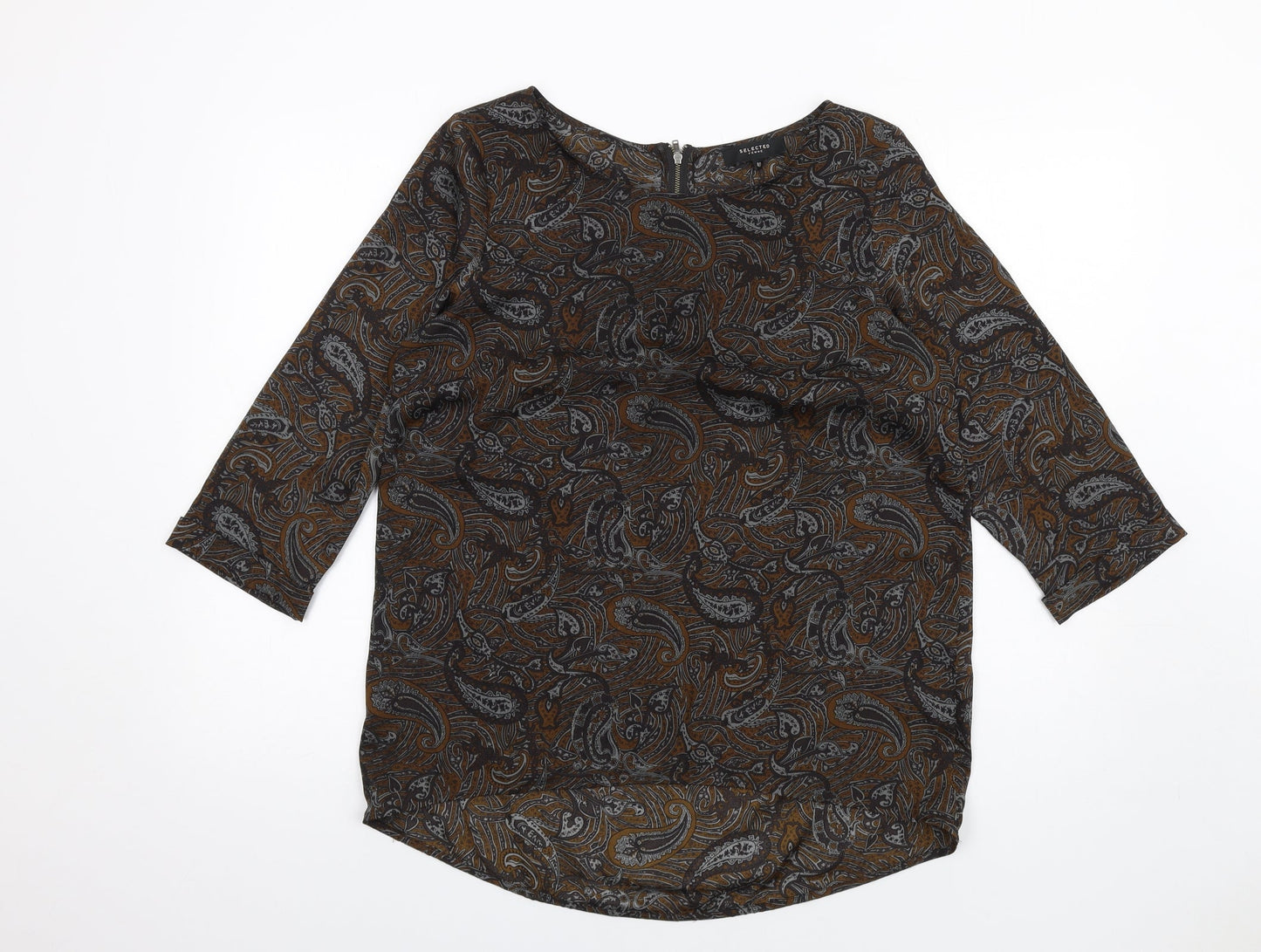 Selected Femme Womens Brown Paisley Polyester Basic T-Shirt Size 12 Round Neck