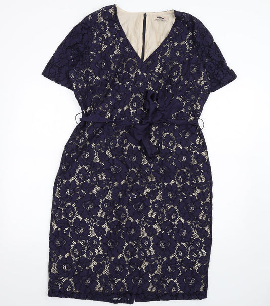 Per Una Womens Blue Cotton Pencil Dress Size 16 V-Neck Zip