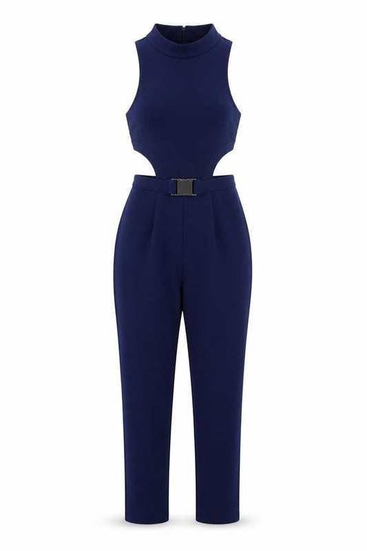Front view of ASOS women’s blue polyester playsuit one-piece, size UK 8, 25-inch leg zip