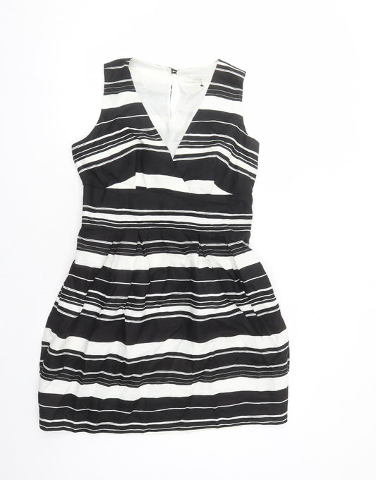 Tweeds Womens Black Striped Linen A-Line Size 12 V-Neck Button - Lined