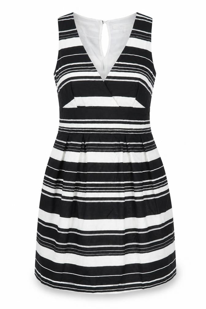 Tweeds Womens Black Striped Linen A-Line Size 12 V-Neck Button - Lined