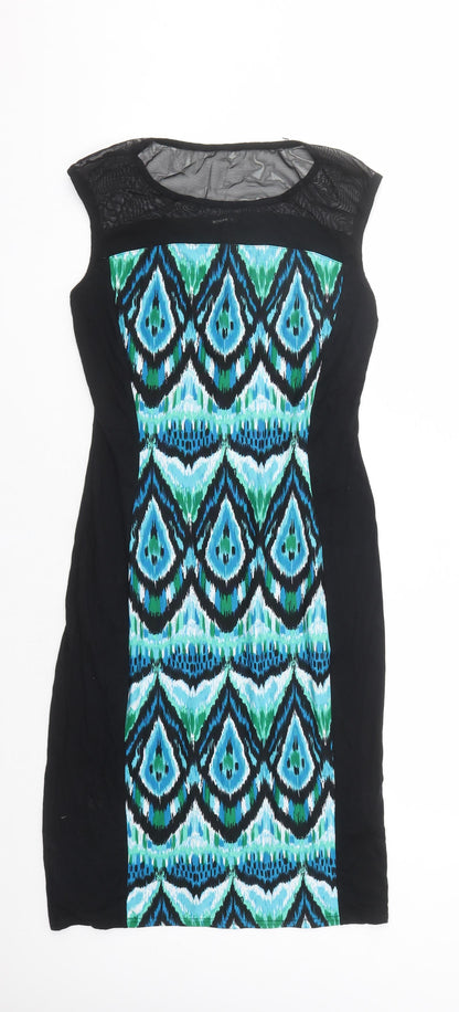 Additional front view of Roman women’s black geometric viscose a-line, size UK 10, round neck pullover