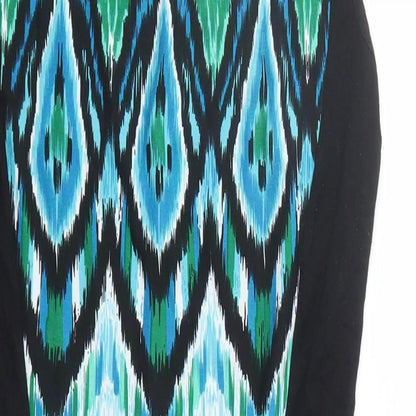 Close-up detail of Roman women’s black geometric viscose a-line, size UK 10, round neck pullover